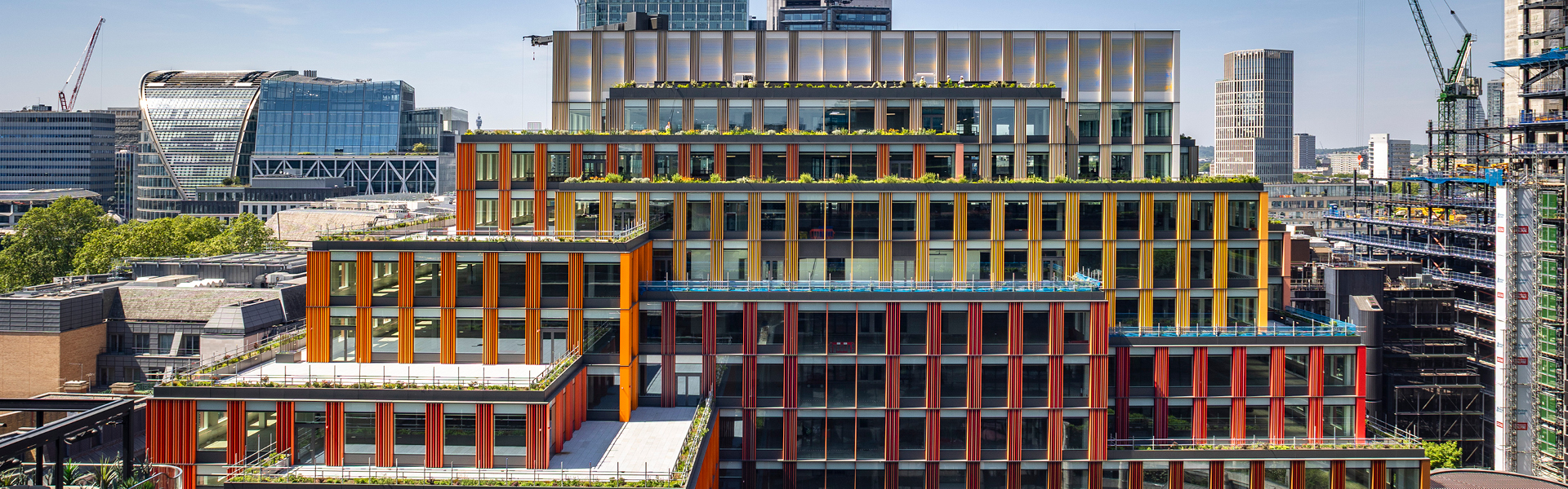 Newly built 1 Broadgate in London, showing the brightly coloured facade